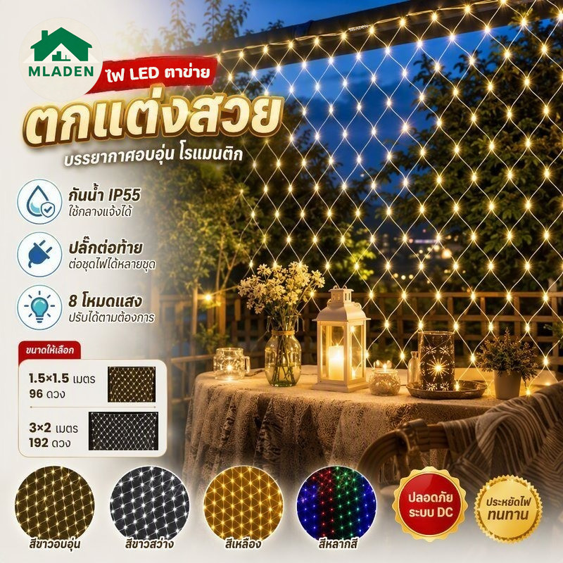 MLADEN ไฟตาข่าย LED ไฟประดับตกแต่ง กันน้ำ IP55 8 โหมด ปลั๊กต่อท้าย 220V สำหรับสวน หลังคา ปาร์ตี้
