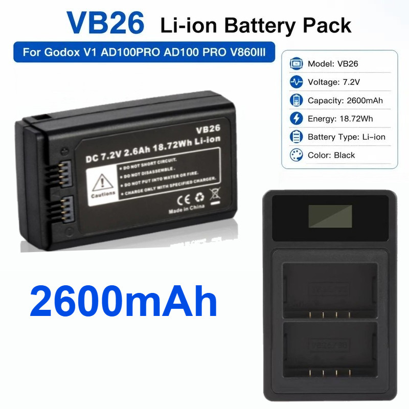 VB26 7.2V 2600mAh Li-ion เปลี่ยนแบตเตอรี่สําหรับ Godox V1 V860III AD100PRO แฟลชกล้อง, เปลี่ยน VB26A 