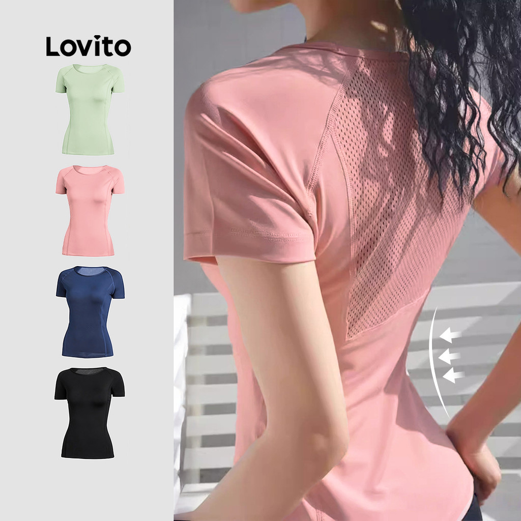 Lovito แคชชวล เสื้อยืดสปอร์ตสไตล์สปอร์ตี้ มีรูระบายอากาศ แห้งเร็ว เสื้อสำหรับวิ่ง โยคะ ฝึกซ้อม สำหรับผู้หญิง เกาหลี อินเทรนด์ LNA137039