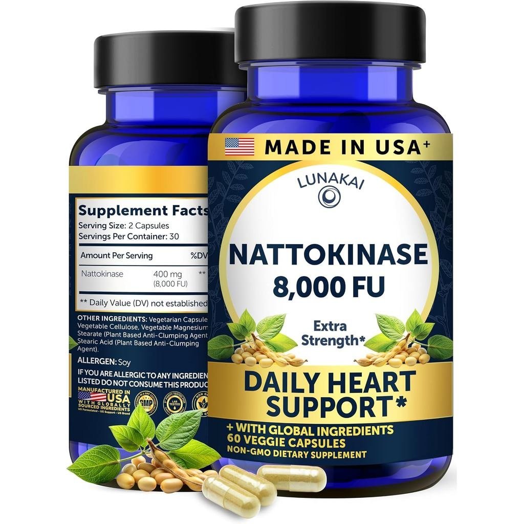 Lunakai USA Made Nattokinase อาหารเสริม – เอนไซม์นัตโตะ 400 มก. 8000 FU ต่อเสิร์ฟ – รองรับหัวใจและกา