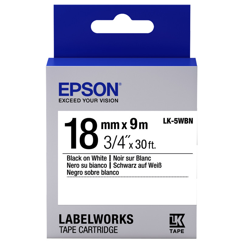 EPSON เทปพิมพ์อักษร รุ่น LK-5WBN เทปสีขาว ตัวอักษรสีดำ ขนาด 18 มม. x 9 ม.