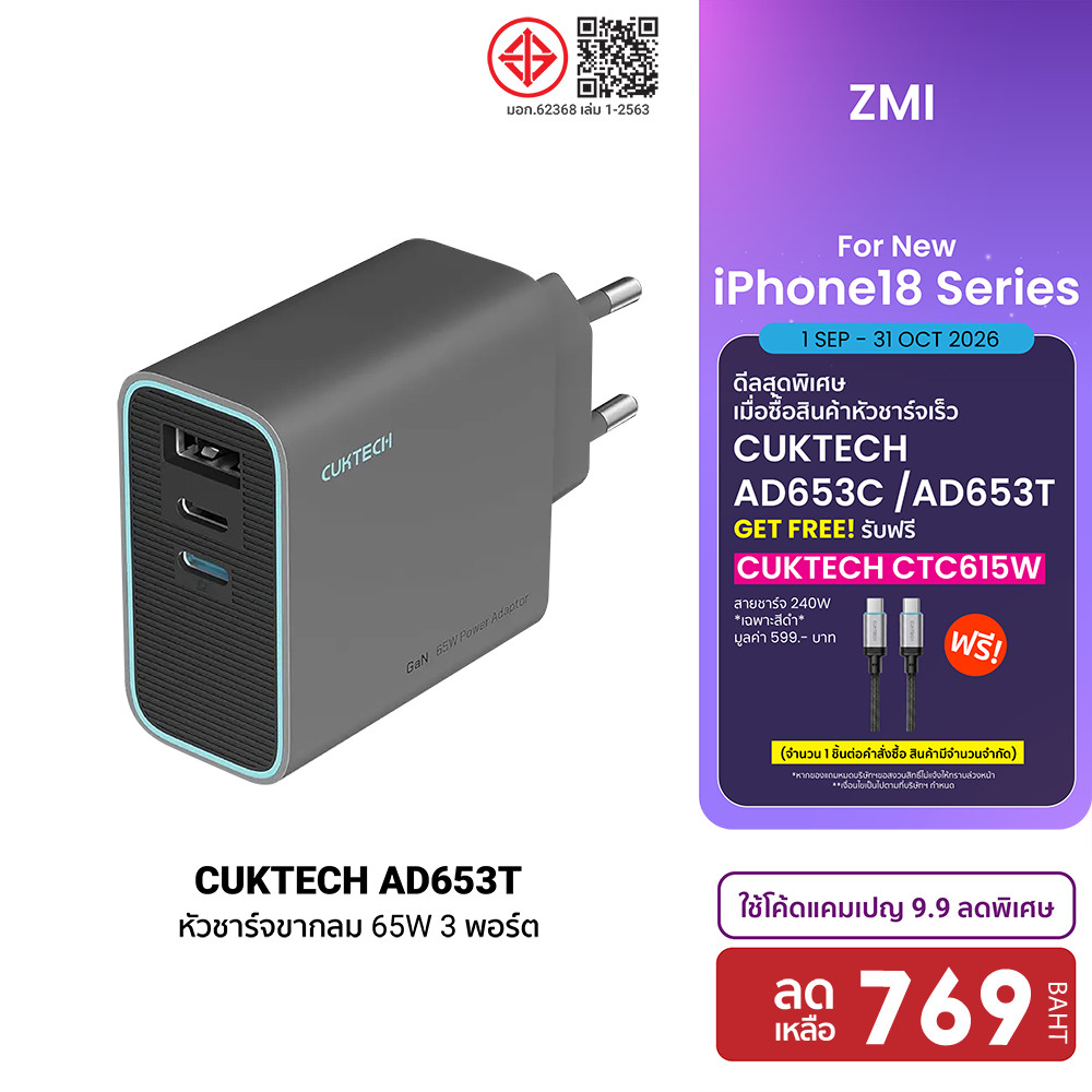 (แถมฟรี CTC615W) CUKTECH GaN3 AD653C / AD653T หัวชาร์จเร็ว 65W PD3.0 , QC ชาร์จ 3 อุปกรณ์ สำหรับ iPh