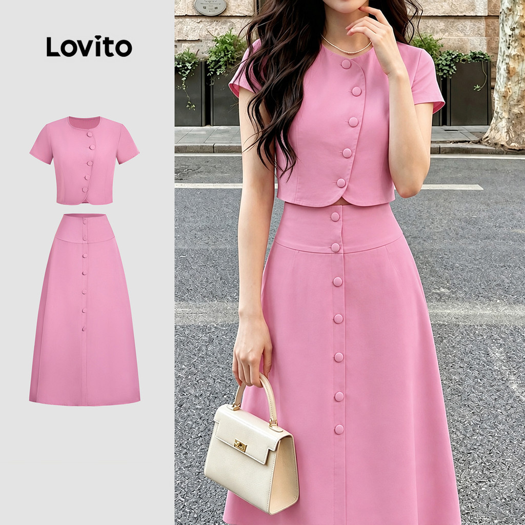 Lovito เสื้อหรือกระโปรงผู้หญิง สีชมพูอ่อน สไตล์ลําลอง ปุ่ม เหมาะสําหรับฤดูใบไม้ผลิ/ฤดูร้อน KSK8P2D122