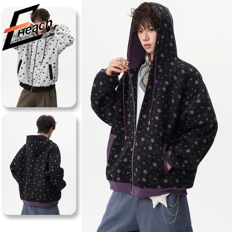 Ocshean เสื้อกันหนาวมีฮู้ดสําหรับผู้ชายพิมพ์ลายดาวไฮสตรีทสไตล์อเมริกันสไตล์ระดับไฮเอนด์และเป็นกลาง