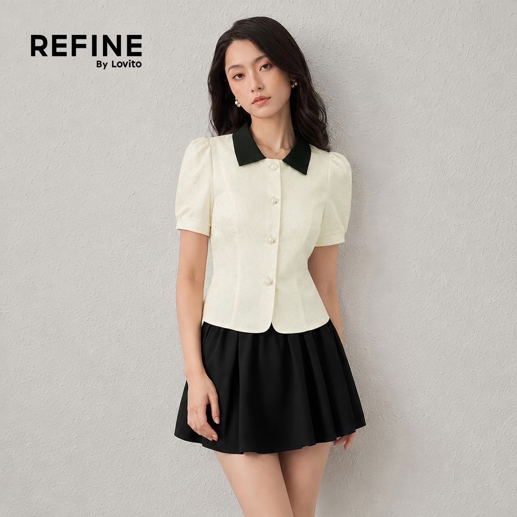 (Refine by Lovito) สง่างาม เสื้อเบลาส์ผู้หญิง ลายแจ็คคาร์ด คัลเลอร์บล็อก น่ารัก มีกระดุม สีขาวงาช้าง สําหรับฤดูใบไม้ผลิ/ฤดูร้อน เกาหลี อินเทรนด์ ทำงาน LR35A112 — صورة 5