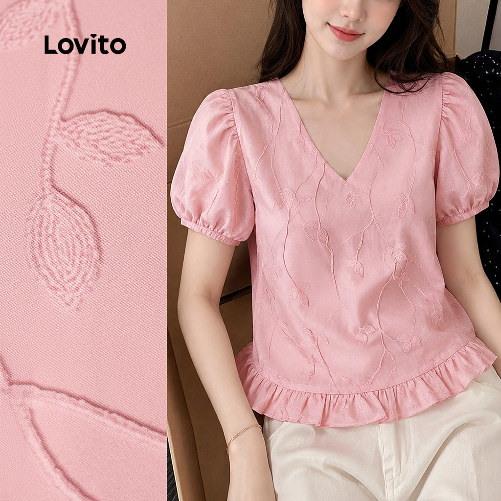 Lovito เสื้อเชิ้ตผู้หญิงสีชมพูสําหรับฤดูใบไม้ผลิ/ฤดูร้อน แต่งระบายพลีท ตัดออก ลําลอง BLB198P1D216