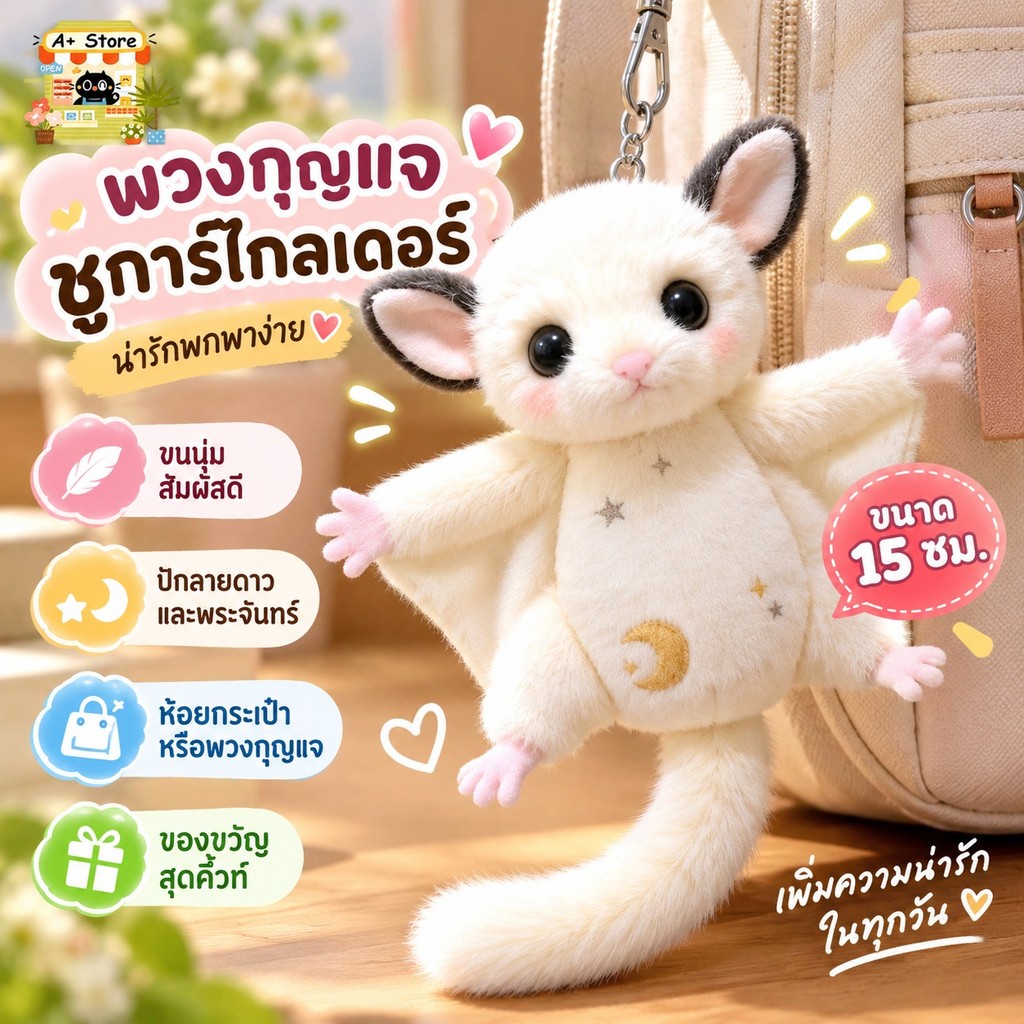 พวงกุญแจตุ๊กตากระรอกบิน ขนนุ่ม น่ารัก เม่นน้ำผึ้ง (ชูการ์ไกลเดอร์) ของขวัญวันเกิด
