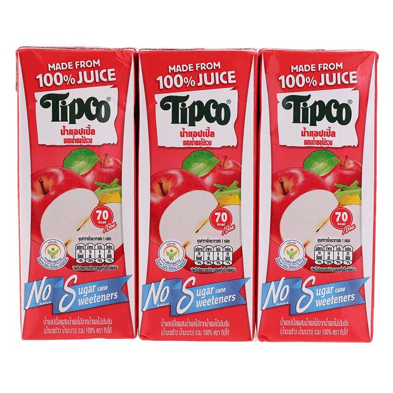 ทิปโก้แอปเปิ้ล100เปอร์เซ็นต์หวานน้อย 180มล. แพค 3 Tipco Apple 100Percen Less Sweet 180ml. Pack 3