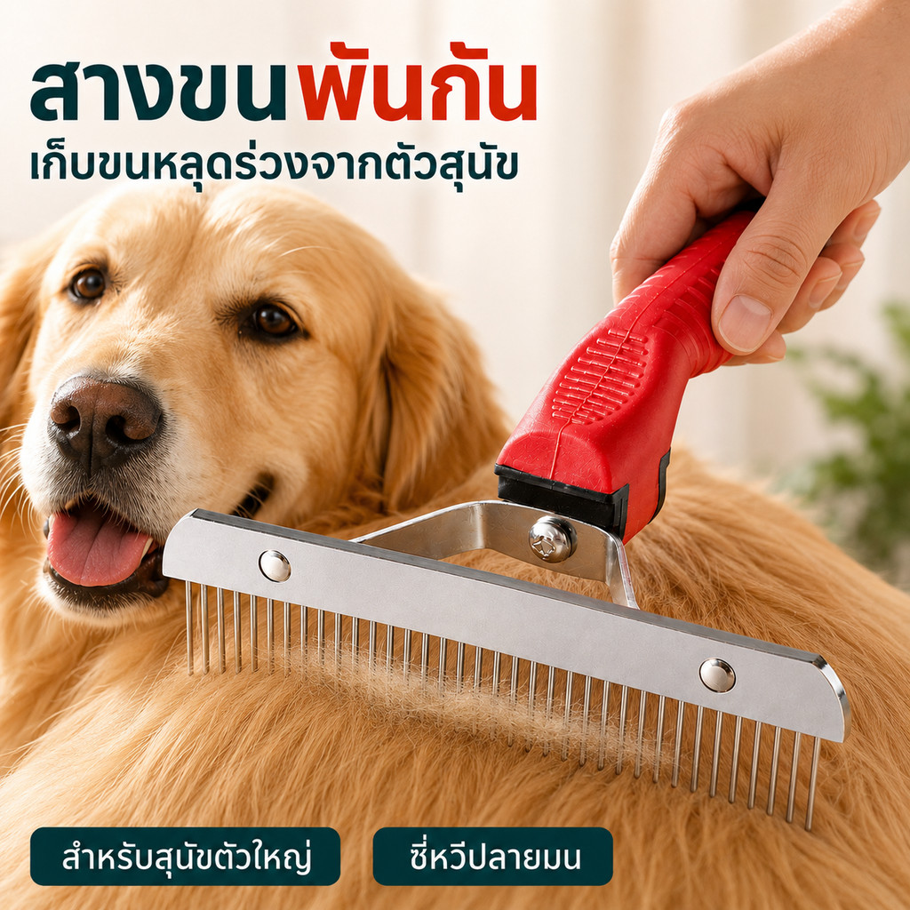 PRATTE 🐕 หวีสางขนสุนัข หัวกว้าง 16 ซม. ซี่หวียาว สำหรับสุนัขขนยาว ขนหนา รุ่นประหยัด
