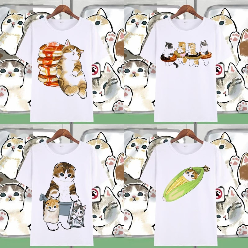 เสื้อแขนสั้น สีขาว สกรีนลายแมว มีหลายแบบ ES511-ES515