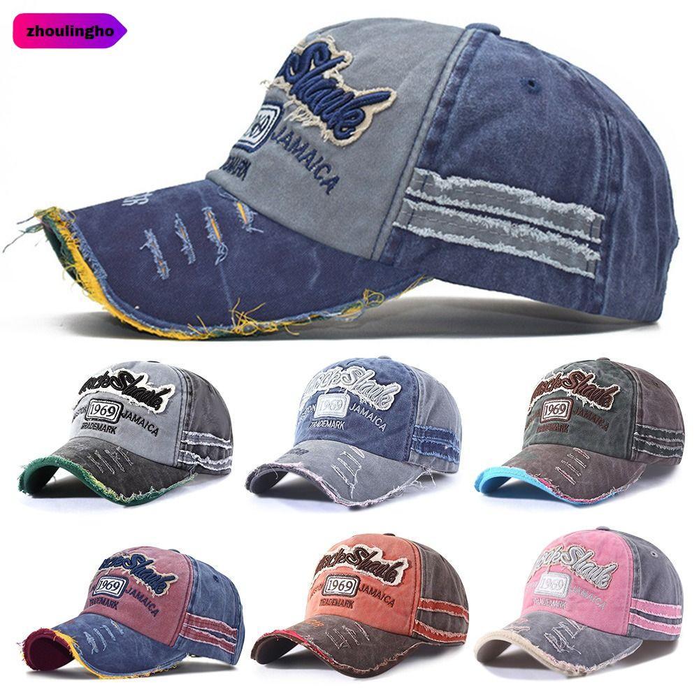 ZHOULINGHO Distressed Faded Cap แฟชั่น WASHED DENIM หมวกกันแดดแบบปรับได้