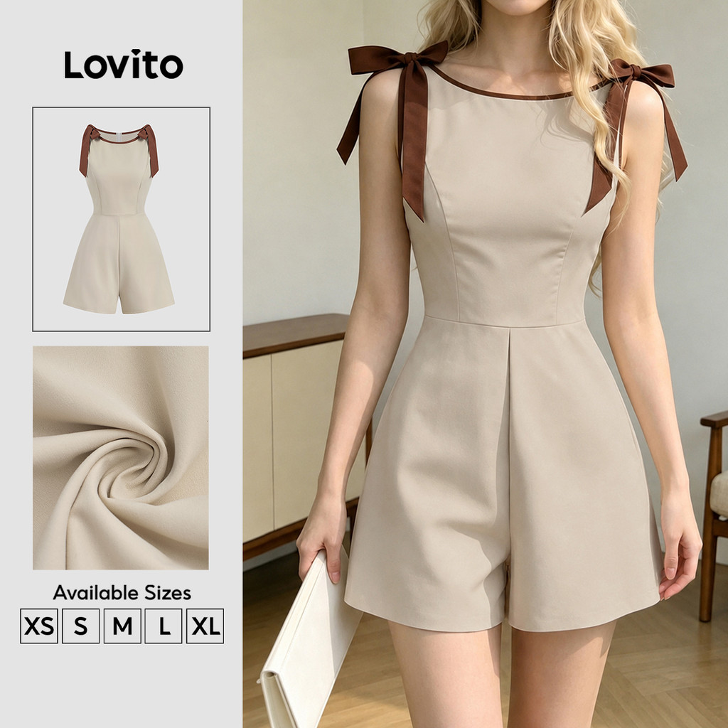 Lovito จั๊มสูทผู้หญิง เรียบหรู สไตล์มินิมอล มีโบ สีบล็อกคัลเลอร์ สําหรับฤดูใบไม้ผลิ/ฤดูร้อน JRK8P2D948