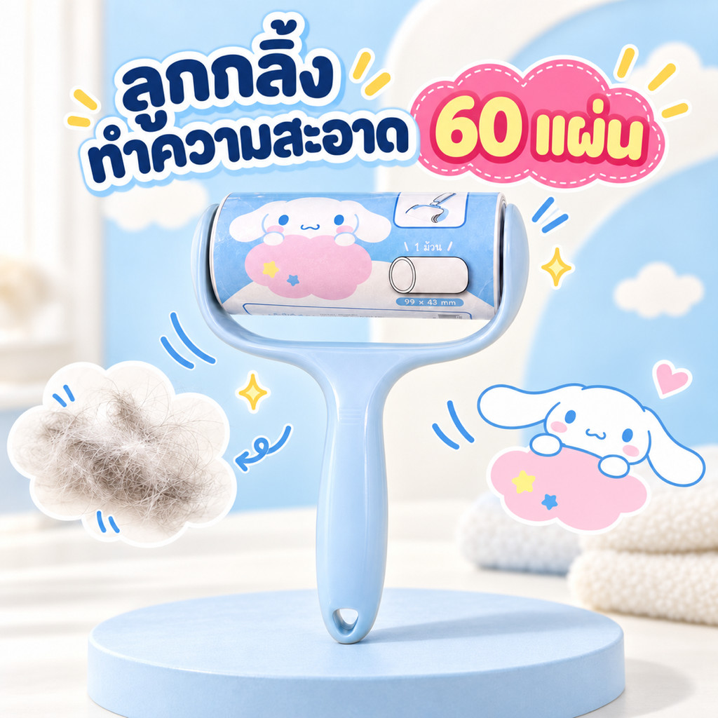 ลูกกลิ้งเก็บขน 60 แผ่น ลูกกลิ้งกำจัดขนสัตว์ เก็บฝุ่นบนเสื้อผ้า โซฟา ที่นอน หน้ากว้าง 9.9 ซม.