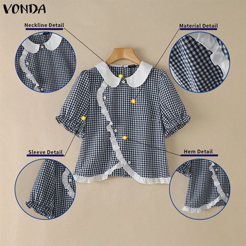 VONDA ผู้หญิง Vintage Girlish Fresh Academy ลายสก๊อต Peter Pan Collar ไม่สม่ําเสมอ Asym Placket ลูกไม้ Trim พัฟแขน Cropped เสื้อ — صورة 7