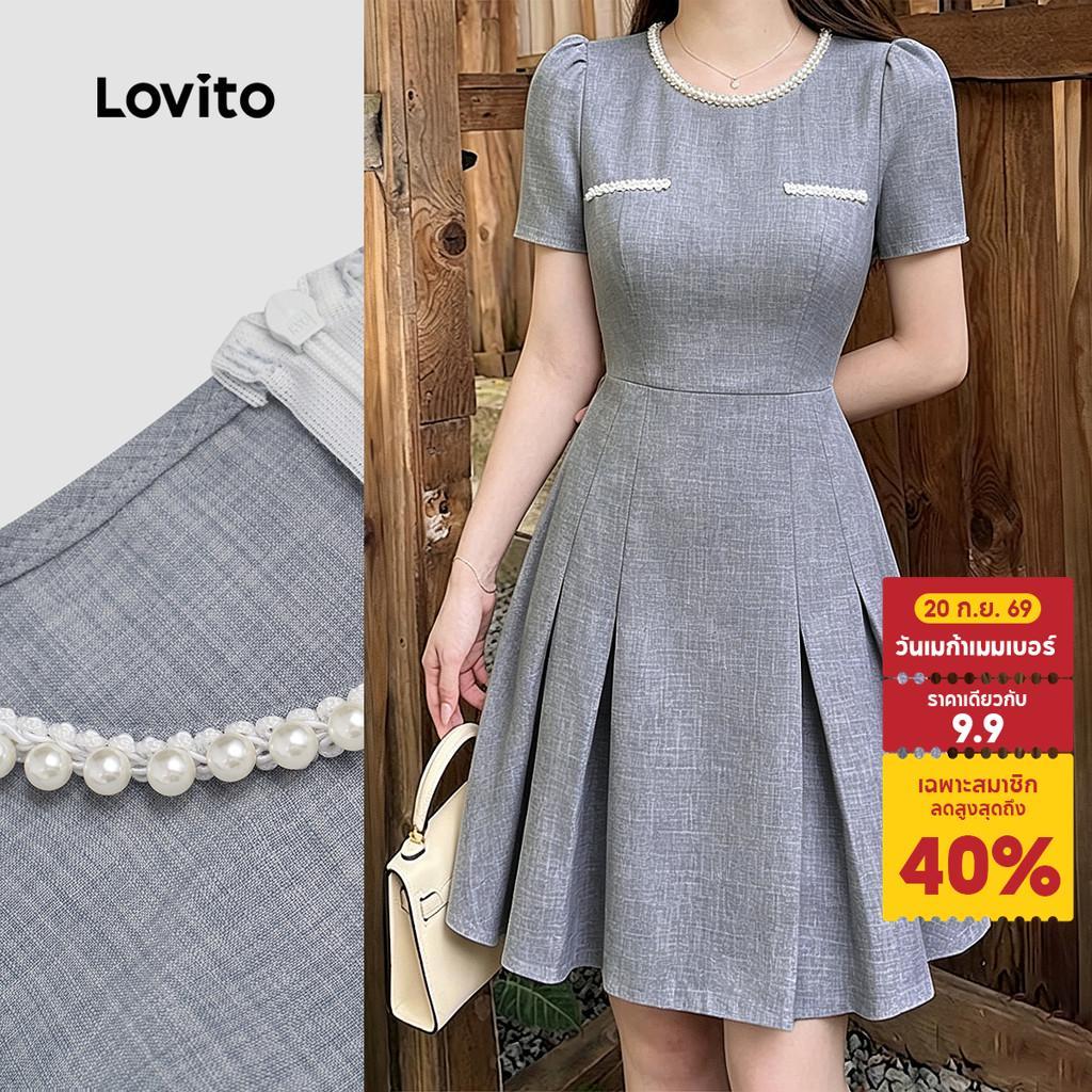 Lovito เดรสสีเทาฤดูใบไม้ผลิ/ฤดูร้อนคอระบายซิปกระเป๋าปลอมสําหรับผู้หญิงสไตล์เรียบหรู L196LD479