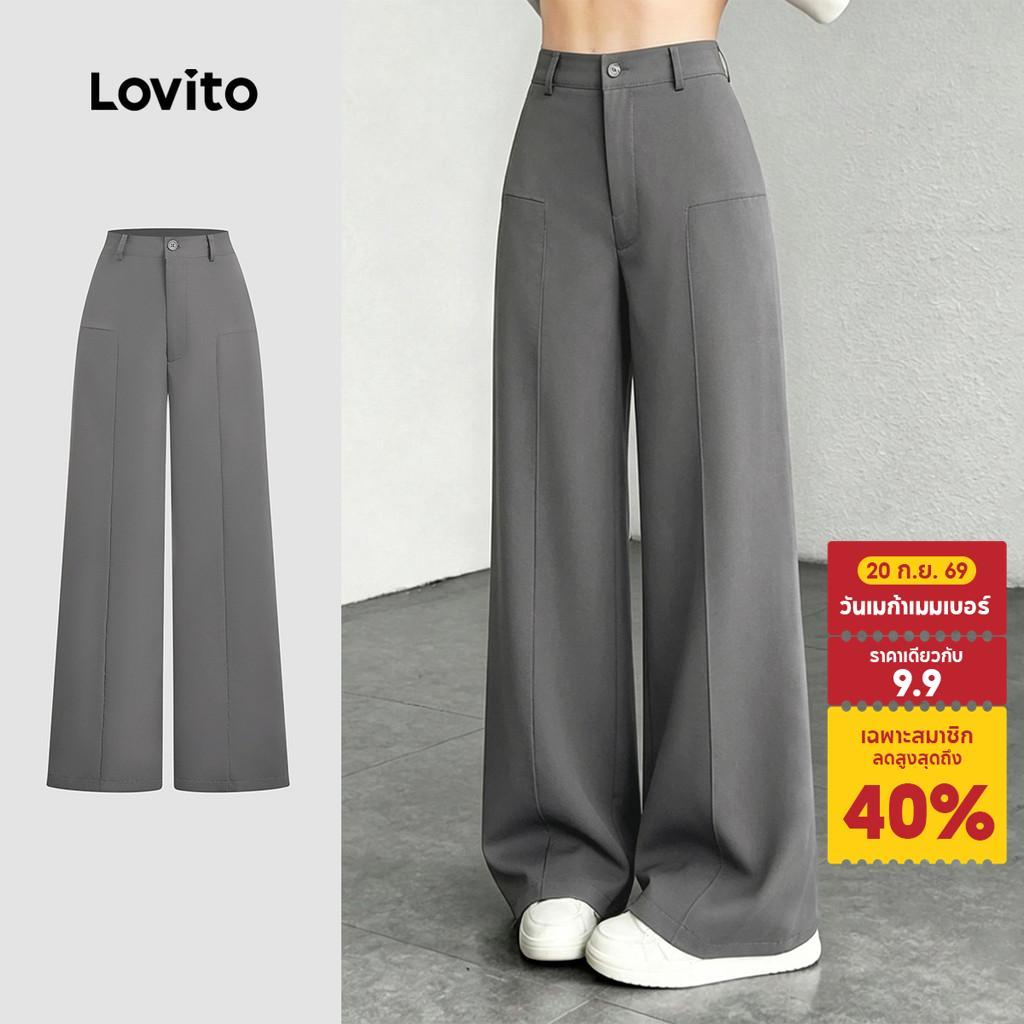 Lovito กางเกงผู้หญิงสีเทาเข้ม ดีไซน์หรูหรา มีโครงสร้างกางเกงแบบเรียบ มีซิปและกระดุม LBL35223