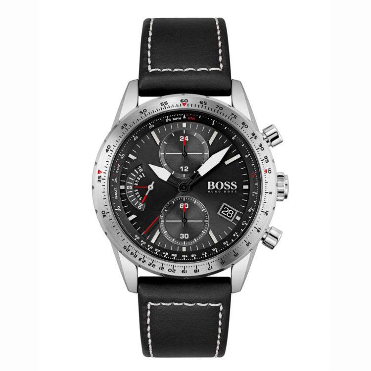 Hugo Boss Watch Three-Eye Chronograph หนังแท้ธุรกิจลําลองนาฬิกาควอทซ์กันน้ํา Pilot Series นาฬิกาผู้ช