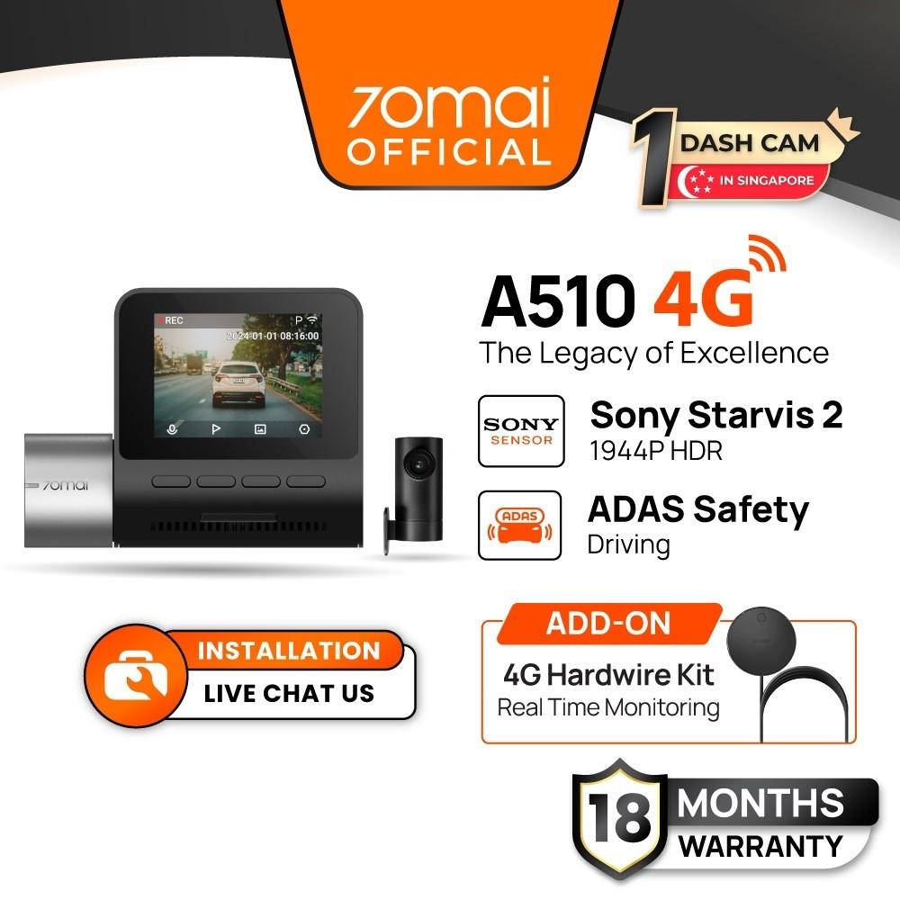 70mai A510 Dash Cam Dual Vision Car Recorder GPS ADAS 4G Remote Live View ด้านหน้าและด้านหลัง Dashca