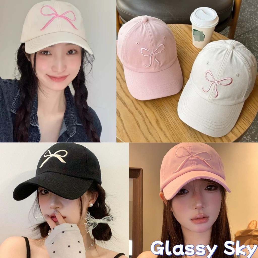 Glass Sky💖พร้อมส่ง💖หมวกแก็ป (ปักโบว์) หมวกเบสบอล แฟชั่นเกาหลี cotton cap หมวกเดินป่า(ปักโบว์)（MK-1)
