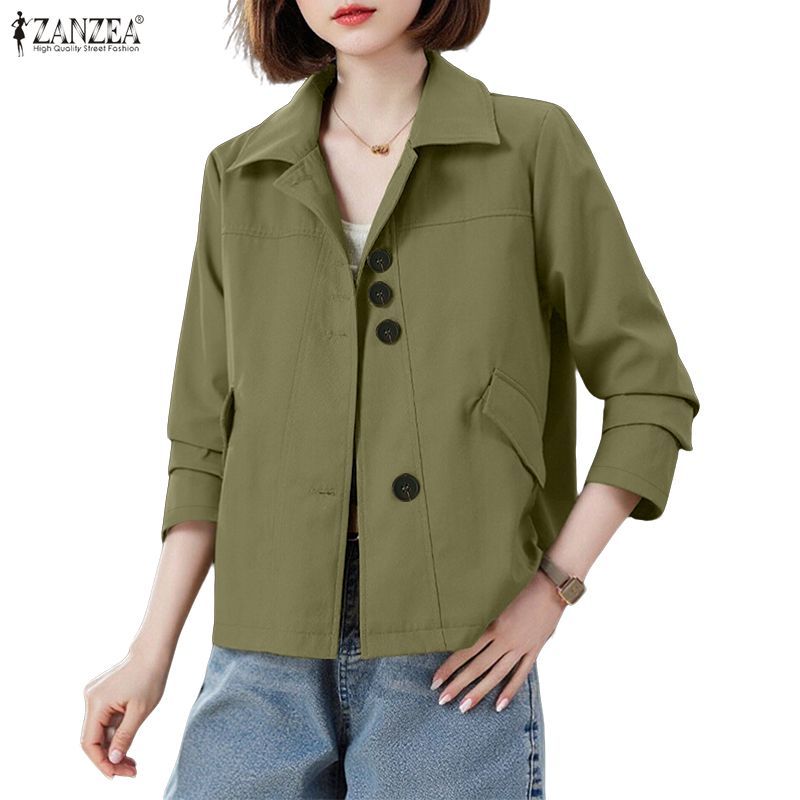 ZANZEA เสื้อแจ็คเก็ตแขนยาวดีไซน์เกาหลีสำหรับผู้หญิง ปุ่มแถวเดียว