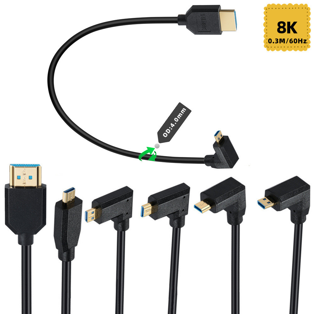 8K @ 60Hz 90 องศา Micro HDMI Male to HDMI 2.1 Male Cable for Digital Camera, Camcorder, Portable Mon