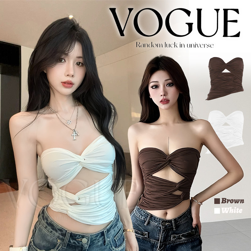 Vogue🌟พร้อมส่ง🌟 เสื้อเกาะอก ผ้านุ่มนิ่ม ดีเทลสาวเซ็กสไตล์เกาหลี สีพื้นใส่ง่าย (FY2891)
