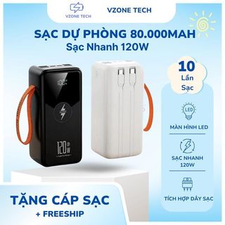 Sạc dự phòng 80000mAh sạc nhanh 120W pin dung lượng lớn có dây cắm nhiều điện thȯại