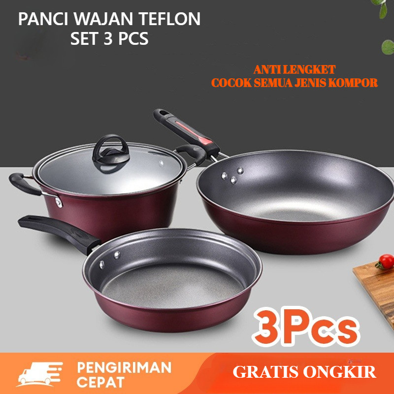Cookware Panci Set 3 pcs  Wajan Teflon 3in1 ANTI LENGKET Fry Pan Penggorengan Set RT