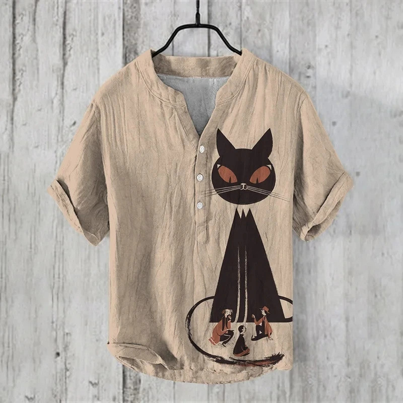 เสื้อเชิ้ตแขนสั้นผู้ชาย แบบคอวี ทำจากผ้าลินิน ออกแบบมาอย่างแฟชั่น พิมพ์ลายสามมิติ สไตล์ลำลอง เหมาะสำหรับใส่เล่นชายหาดและออกท่องเที่ยวกลางแจ้ง ในไซส์ใหญ่