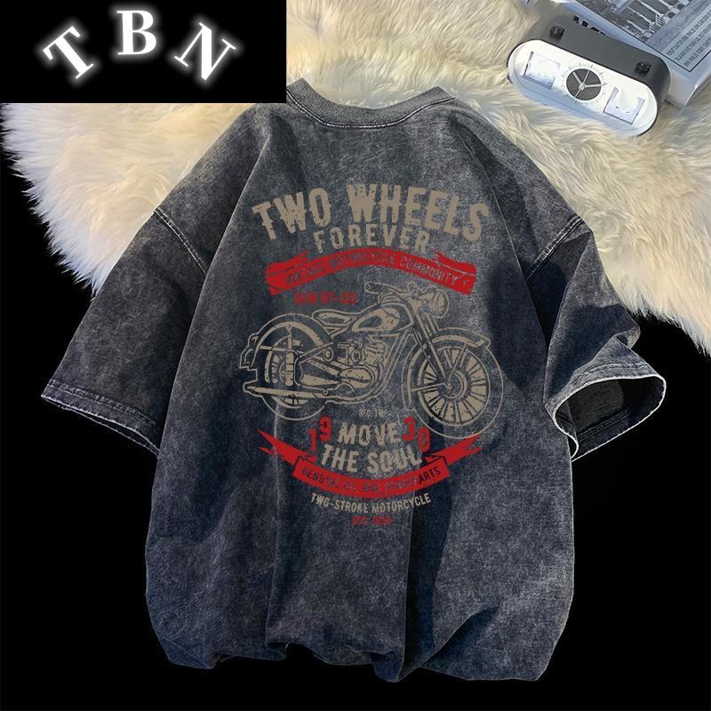 [TBN] ชายและหญิงเสื้อยืดฟอกขาวโอเวอร์ไ ซส์ผ้าคอตตอนแนวแ ฟชั่นฮิปฮอปเรโทร คอกลมทรงหลวม COTTON100% รถจ