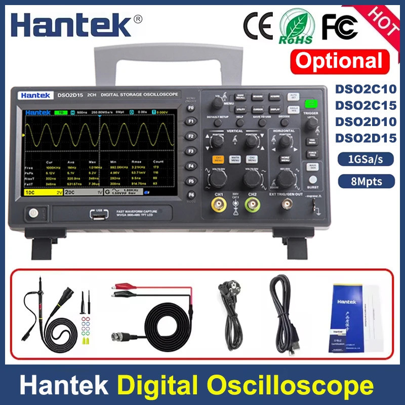 Hantek Digital Oscilloscope DSO2C10 DSO2D15 2 ช่อง 100Mhz 150Mhz 1GS/s FFT+decode+ 25MHz เครื่องกําเ
