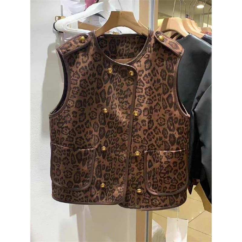 เสื้อกั๊กแจ็คเก็ตฤดูใบไม้ร่วงสำหรับผู้หญิง พิมพ์ลายเสือดาว สไตล์แฟชั่นใหม่!