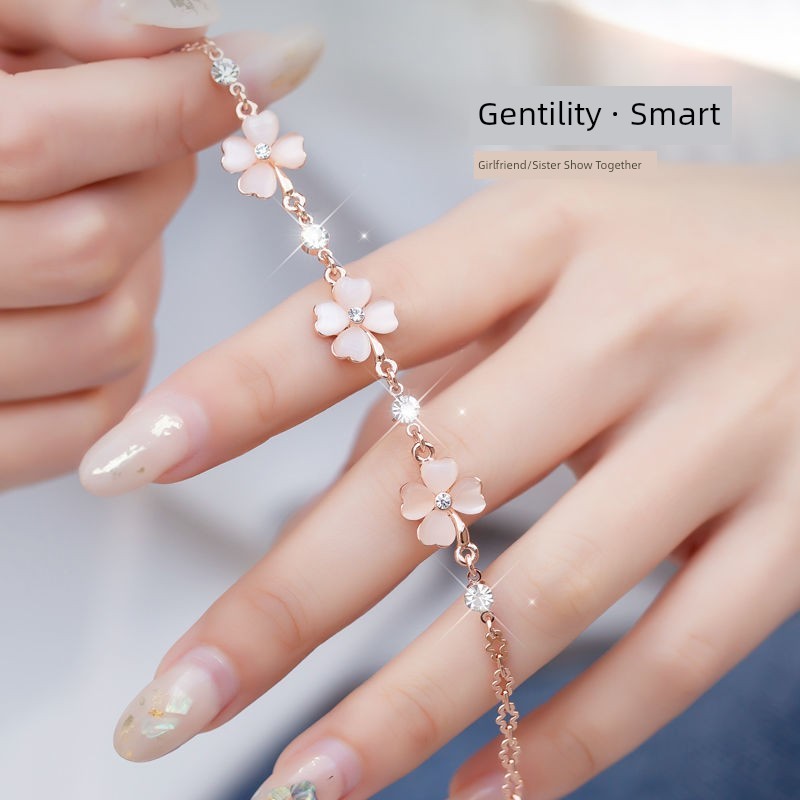 coquette bracelet กําไลข้อมือ Ins 925 Silver Crystal Student Female Four-leaf Clover Bracelet