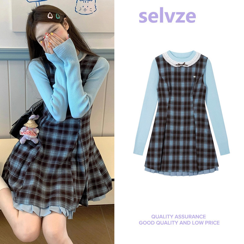 Selvze เดรส เสื้อถัก ชุดผู้หญิง ชุดไปคาเฟ่ เสื้อไหมพรม ชุดเดรส กระโปรง กระโปรงพลีท ชุดเกาหลี KU-DBGL