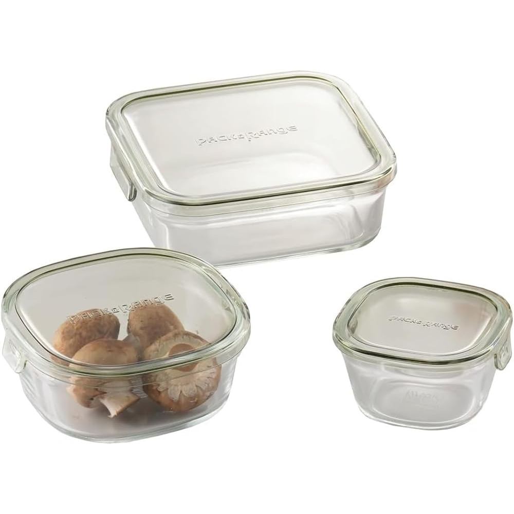Iwaki Heat-Resistant Glass Storage Container Olive Green Square Shape 3-Piece Set Pack & Range PC-PR