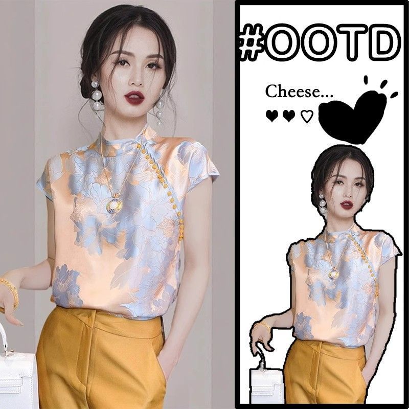 เสื้อแขนสั้นสไตล์จีนใหม่ เกร๋ย้อนยุคสำหรับฤดูร้อน เสื้อผู้หญิงแบบทรง-standing collar