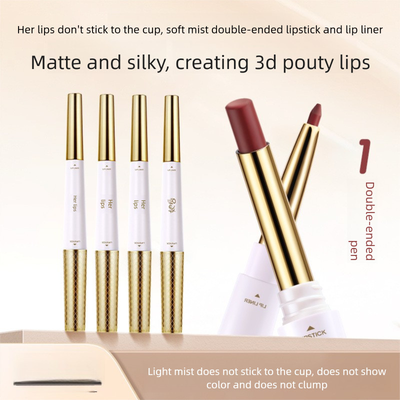 HER LIPS ถ้วยกันติด สเปรย์เนื้อนุ่ม 2 หัว ลิปสติกไลเนอร์ กำมะหยี่ แมตต์ ไวท์เทนนิ่งและไม่แห้ง ไม่ซีดจาง ลิปสติกไลเนอร์