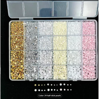 Nail Art สติ๊กเกอร์ติดเล็บอุปกรณ์ทําเล็บ DIY Pearl ความสว่างสูงผสม Mini ขนาด 24 ตารางครึ่งรอบ Beige สีชมพู ทองคําขาวเงิน KOUDAN