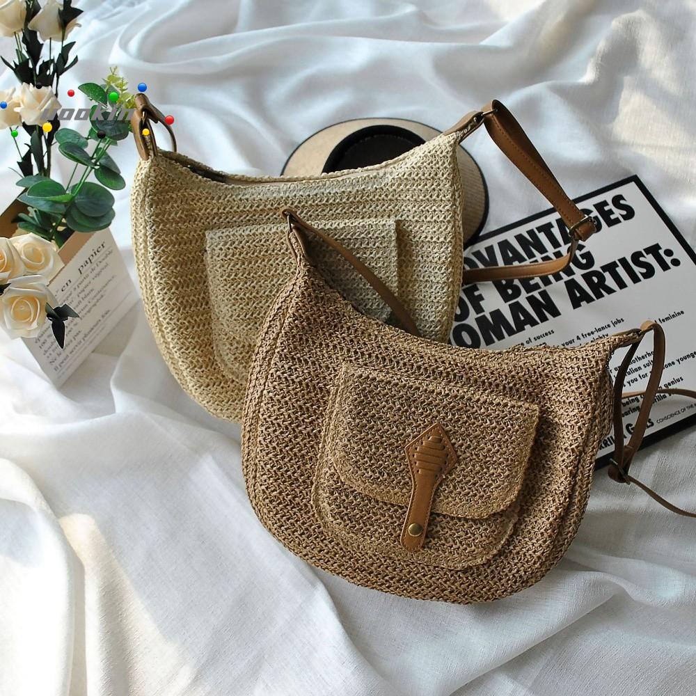 UOOKIN กระเป๋าสะพายข้างแฮนด์เมดจากหวายสีทึบ สไตล์แฟชั่นพร้อมสายสะพายไหล่ปรับระดับได้