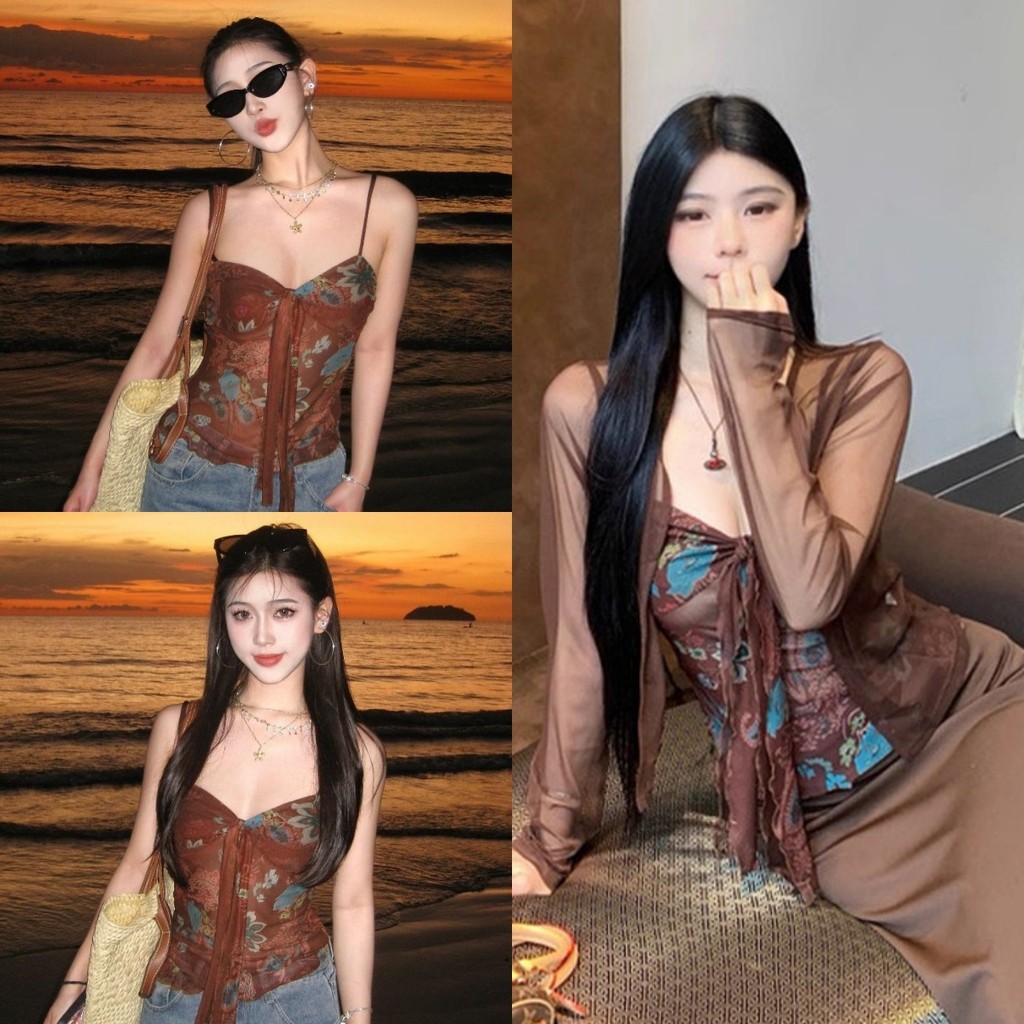 💘Bonnie💘เสื้อสายเดี่ยว ลายดอกไม้ สไตล์โบฮี่เมี่ยน สีน้ำตาลธรรมชาติ เสื้อครอป สไตล์เกาหลี แฟชั่น ใส่สบาย