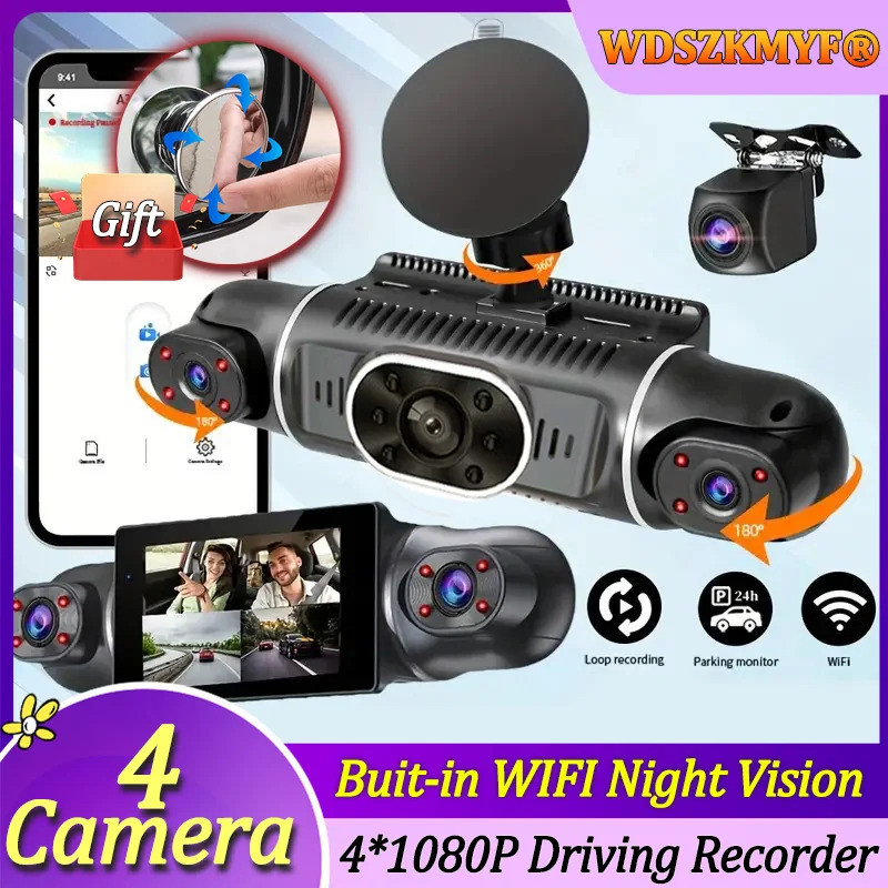 4channel Dash Cam 4*1080Pสําหรับรถยนต์Dvr 4 เลนส์Wifi Dashcamบันทึกวิดีโอ 24Hที่จอดรถMonitorกล้องหมุ