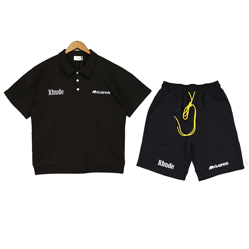 RHUDE x Mclaren Joint Shorts Summer High Street เย็บปักถักร้อยหลวมกีฬากางเกงห้าจุดชุดสูทสองชิ้นอินเท