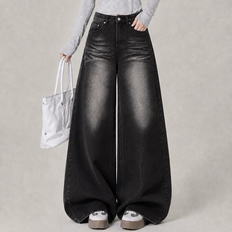 #3423 (XS-9XL) jinjeans กางเกงยีนส์ทรงกระบอกใหญ่สีดำฟอก baggy jeans เอวสูง
