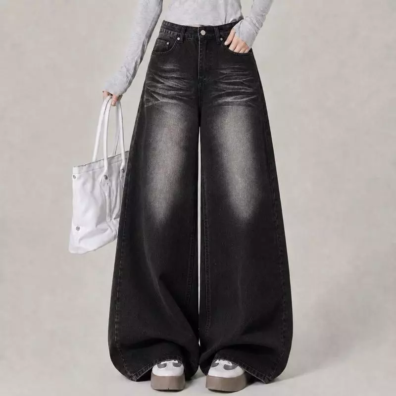 #3423 (XS-9XL) jinjeans กางเกงยีนส์ทรงกระบอกใหญ่สีดำฟอก baggy jeans เอวสูง