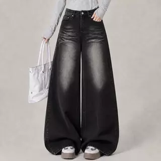 #3423 (XS-9XL) jinjeans กางเกงยีนส์ทรงกระบอกใหญ่สีดำฟอก baggy jeans เอวสูง