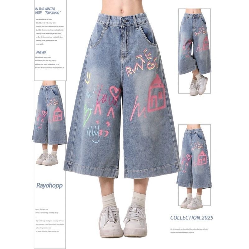 กางเกงยีนส์ขายาว jinn jeans Dopamine American Graffiti Loose Denim Cropped Pants Summer Casual Wide-