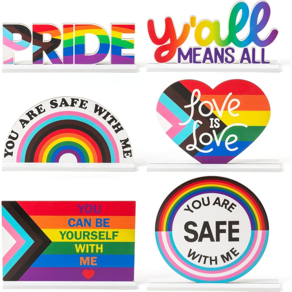 Haooryx LGBTQ Pride ไม้กลางตกแต่ง - 6 ชิ้นคุณปลอดภัยกับ Me Progress Rainbow Flag ตาราง Topper ป้ายไม