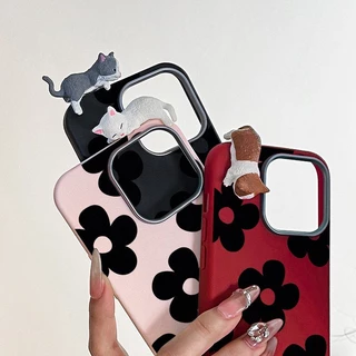แฟชั่นดอกไม้สีดำน่ารักเข้ากันได้เคสไอโฟน 11 17 AIR 16 15 13 12 14 Pro Max 15 7 8 Plus XR X XS Max SEเลนส์โลหะหรูหราคส