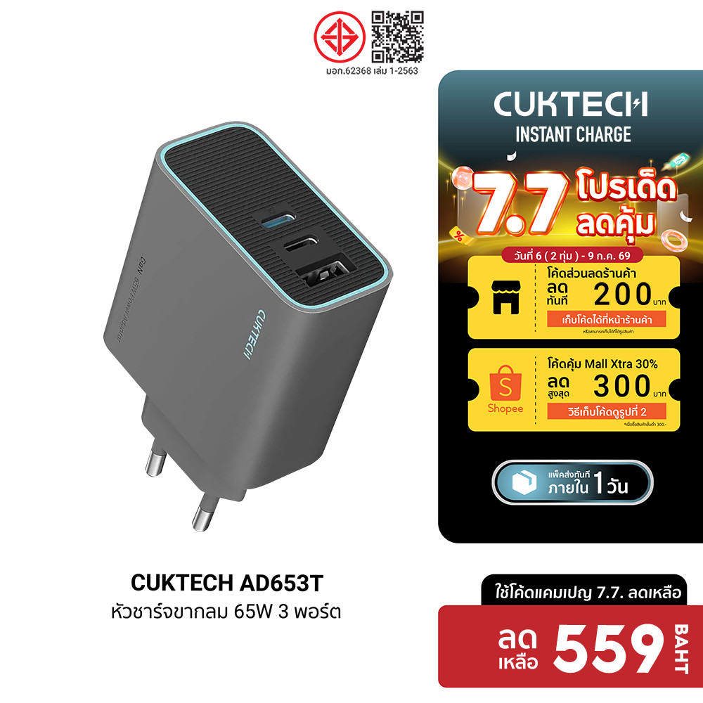 [ลดเหลือ 559] CUKTECH GaN3 AD653C / AD653T 65W หัวชาร์จเร็ว รองรับ PD3.0 , QC ชาร์จสูงสุด 3 อุปกรณ์ ขนาดเล็ก -2Y