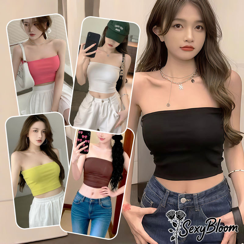 🌹Sexy Bloom🌹คุณภาพดีและราคาถูก 🎨 crop top เสื้อเกาะอก เนื้อบาง สีพื้น มีหลายสีให้เลือก สินค้าขายดี จัดส่งจากกรุงเทพฯ